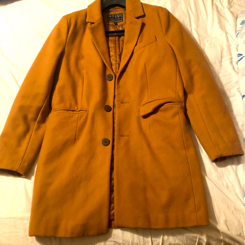 Guess Mens Wool-Blend Overcoat {Small} {Tan}